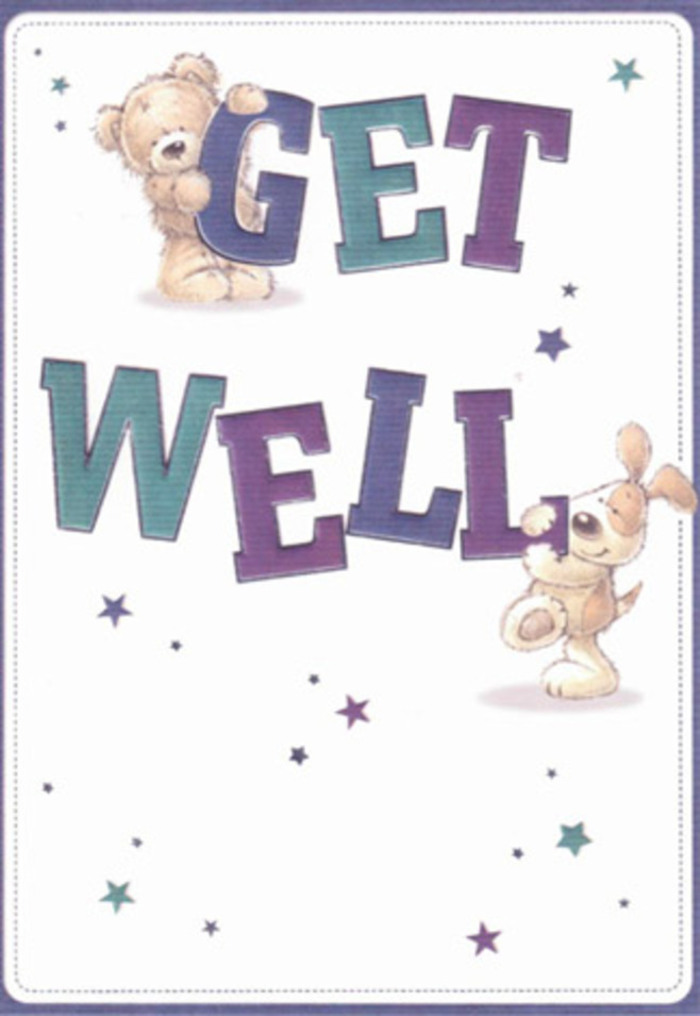 A softly lit celebration of encouragement unfolds in this beautifully crafted get well card, its playful illustration set against a clean, welcoming canvas that calls to mind the bright interiors of Chislehurst cottages. A jovial teddy bear with richly textured fur and a lovable puppy with velvety, floppy ears anchor the playful composition, each figure offering an unspoken gesture of warmth and gentle laughter. Big, expressive letters-layered in tones of gentle purple and soothing aqua-span the center, their confident presence mirroring a message of resilience and cheer. Scattered stars in cool blues and lively violets swirl overhead like sparkling wishes drifting along Chislehurst High Street in the fresh morning air. The tactile quality of the characters invites a sense of closeness, much like reaching out to touch the soft petals of a bouquet delivered by a local florist. Every detail, from the rounded contours of the animals to the joyous leap of the hand-lettered words, exudes a tender optimism that uplifts the spirit-perfect for anyone in recovery here in the heart of the community. The card's pure background enhances the vivid palette, letting each colorful accent shine. It's a modern keepsake, a token of heartfelt care that radiates the sunny hopefulness familiar to anyone who walks the woodland paths or gardens of Chislehurst.
