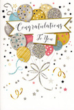 In this image, a refined congratulations card stands as though just placed on a side table in a Chislehurst home, its artwork creating a gentle yet unmistakable sense of celebration. A bouquet of illustrated balloons dominates the design, clustered in the centre and drifting upwards, their rounded shapes rendered in harmonious tones of gold, soft champagne, brushed silver, sky blue, blush pink, and subtle grey. Each balloon carries its own decorative detail: some shimmer with tiny stars dotted across their surface, others show delicate stripes, and a few are overlaid with fine glitter that suggests a tactile, gently raised texture. Slender metallic strings fall from the balloons, curling and looping downward in gold and silver lines that meet like hand-gathered stems, reminiscent of a florist's careful finishing touch. Around this central cluster, the background remains light and unobtrusive, sprinkled with scattered stars, floating ribbons, and small confetti-like dots that give the impression of movement, as though a soft breeze were drifting through a celebration on a quiet Chislehurst street. A graceful banner stretches horizontally across the midsection of the card, bearing the words 'Congratulations To You' in fluid calligraphy that feels warm, personal, and sincere. The overall mood is one of airy happiness and dignified pride, similar to the feeling of delivering flowers after hearing someone's good news. The subtle metallic highlights and glitter accents catch the eye without overwhelming, making the card perfect for marking special achievements-from graduations at local schools to work milestones in central London-while pairing beautifully with a fresh floral arrangement arriving from a nearby Chislehurst florist.